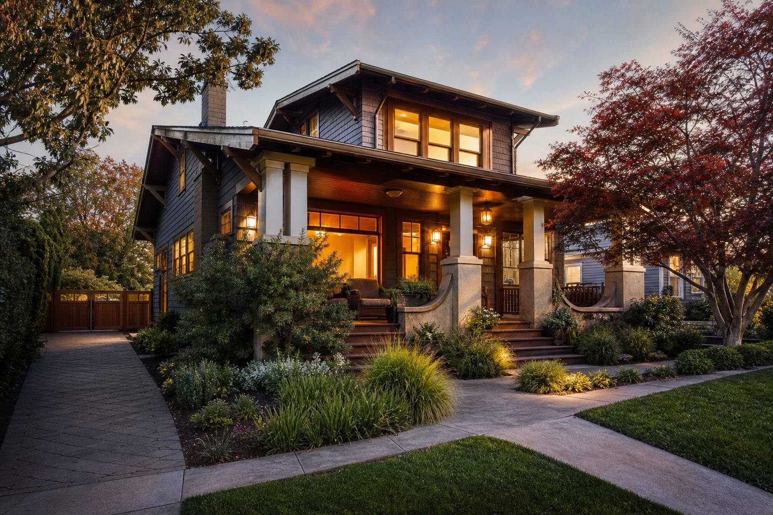 Restored craftsman home in Oakland at golden hour
